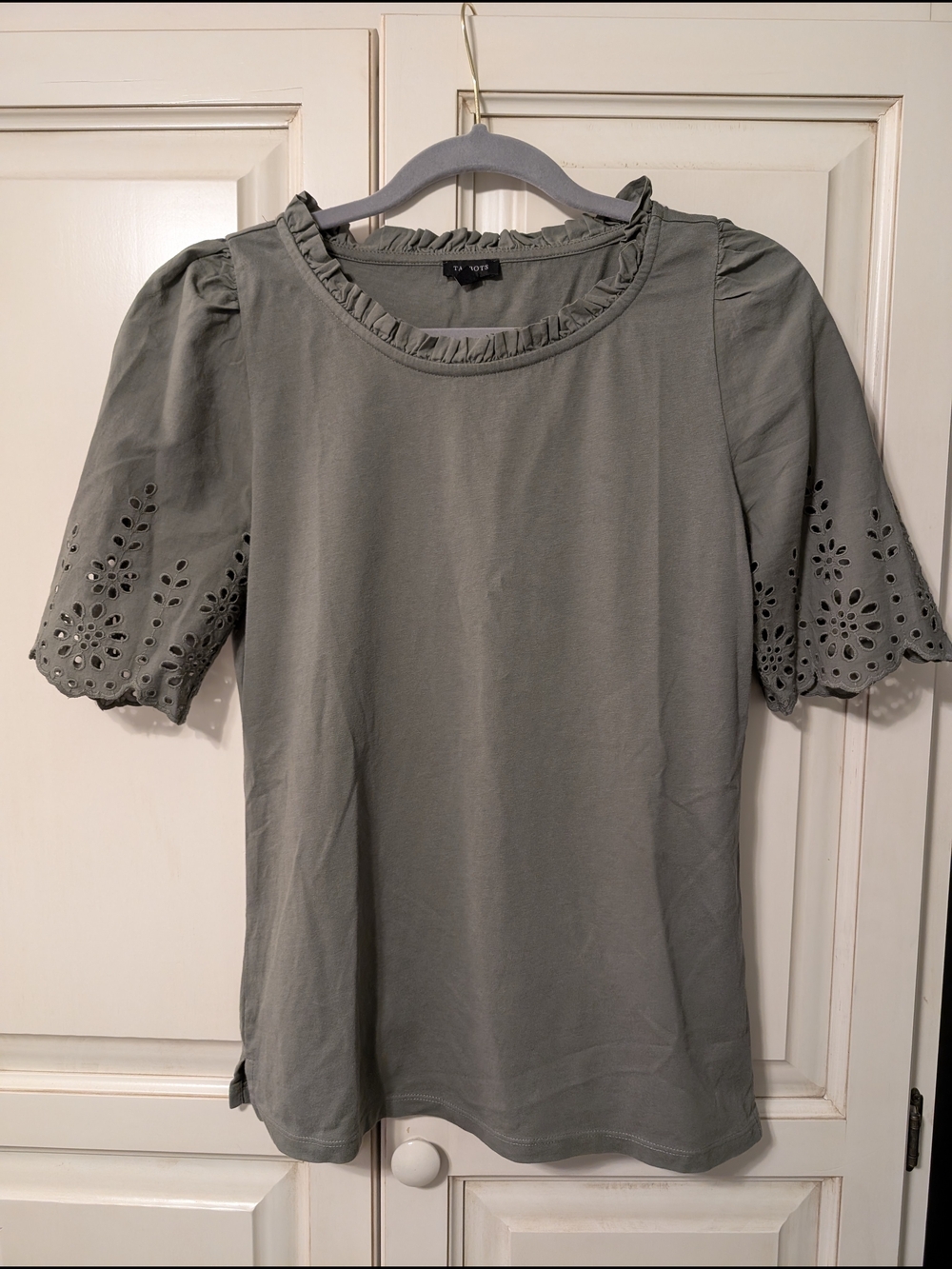 Talbots Olive Green Eyelet Sleeve Ruffled Neck Tee